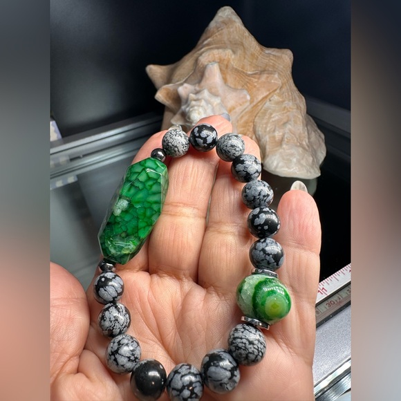 SNOW OBSIDIAN + AGATES NATURAL STONES  BRACELET size 7” - Picture 10 of 14